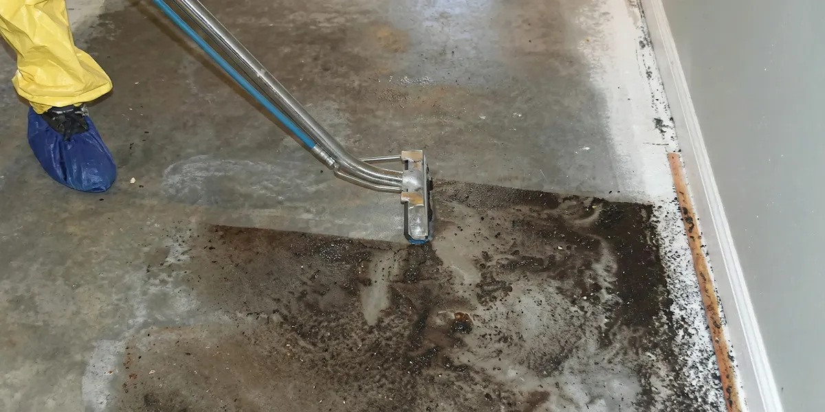 sewage removal technicians extracting contaminated wastewater from a residential floor in Boulder, CO
